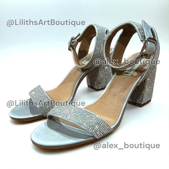 Steve Madden Malia Silver Rhinestone Strappy Chunky Block Heel Sandals(F038) - Picture 5 of 12